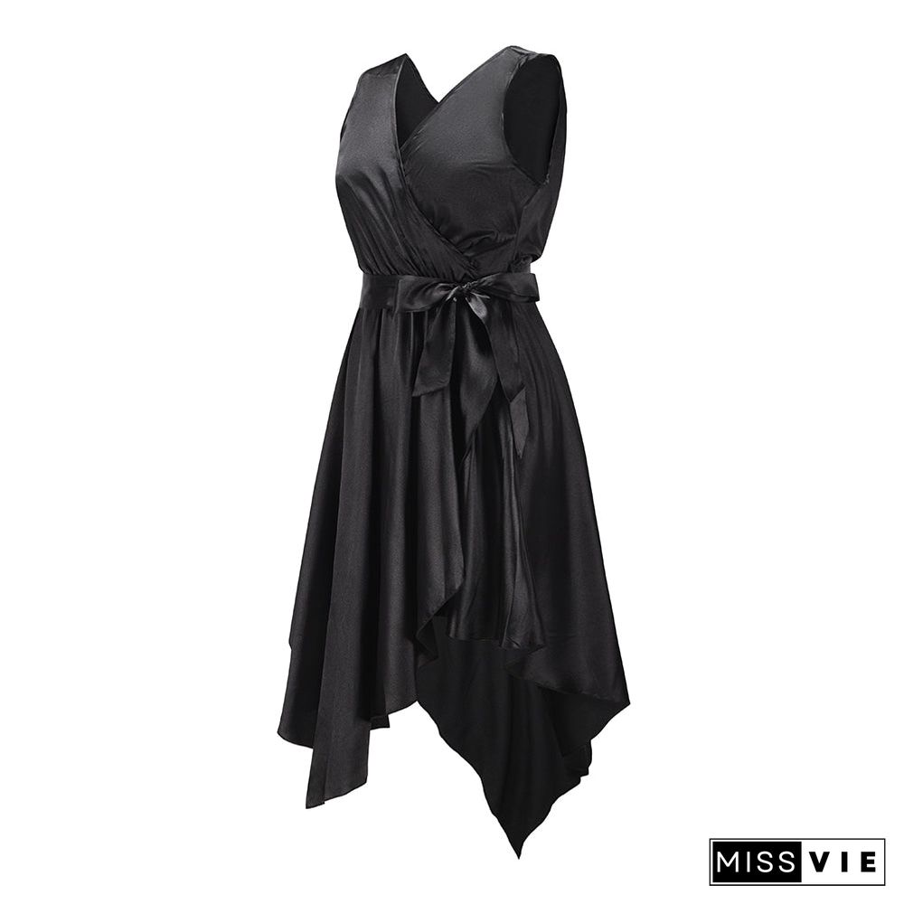 Sleeveless V Neck Wrap Front Side Tie Midi Dress