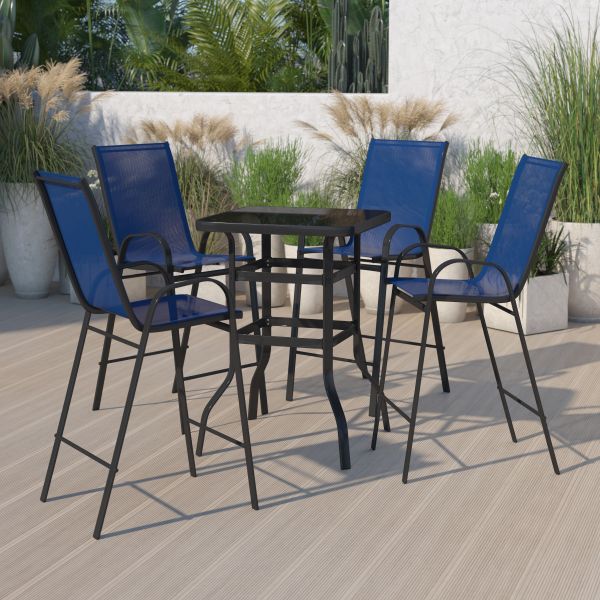 Brazos Outdoor Dining Set - 4-Person Bistro Set - Brazos Outdoor Glass Bar Table with Navy All-Weather Patio Stools