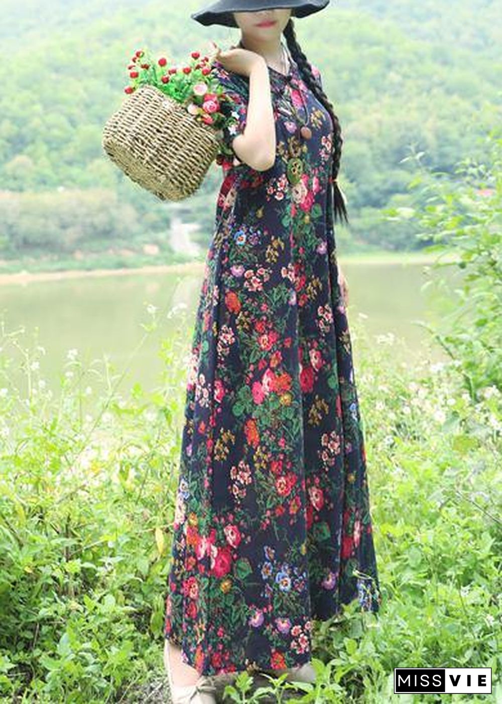 Natural blue prints linen dresses Chinese Button Robe summer Dress