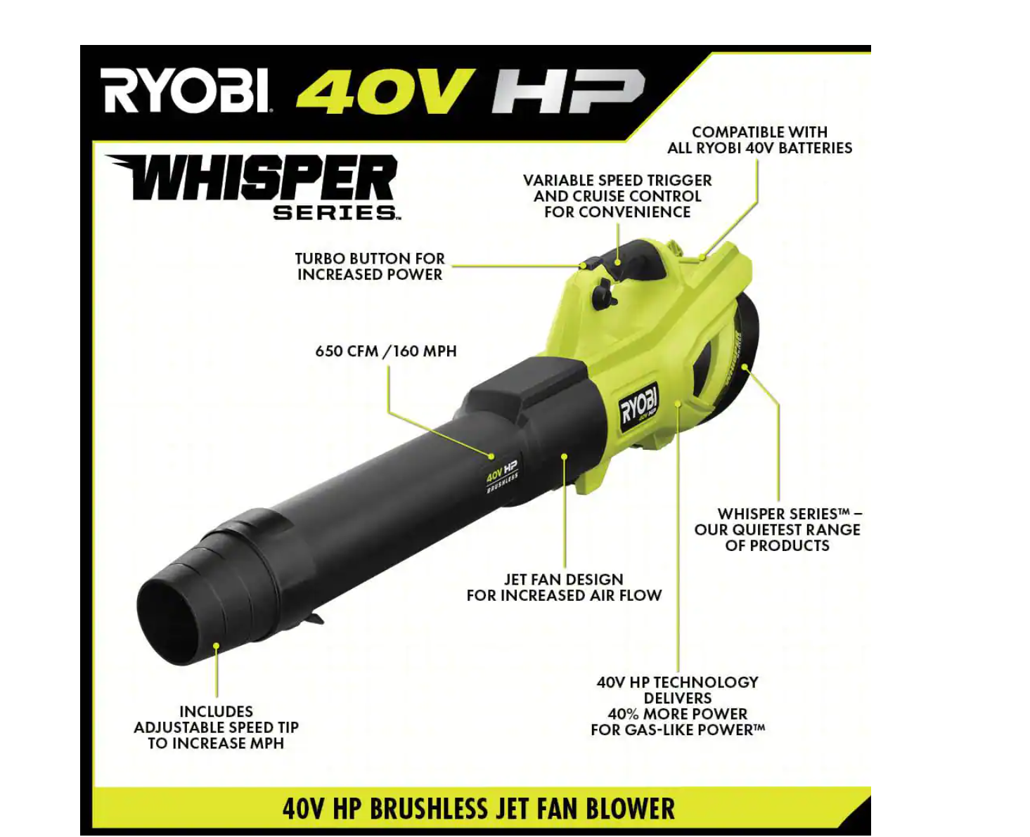 RYOBI RY404014BTLVNM 40V HP Brushless Whisper Series 160 MPH 650 CFM Cordless Battery Leaf Blower (Tool Only)