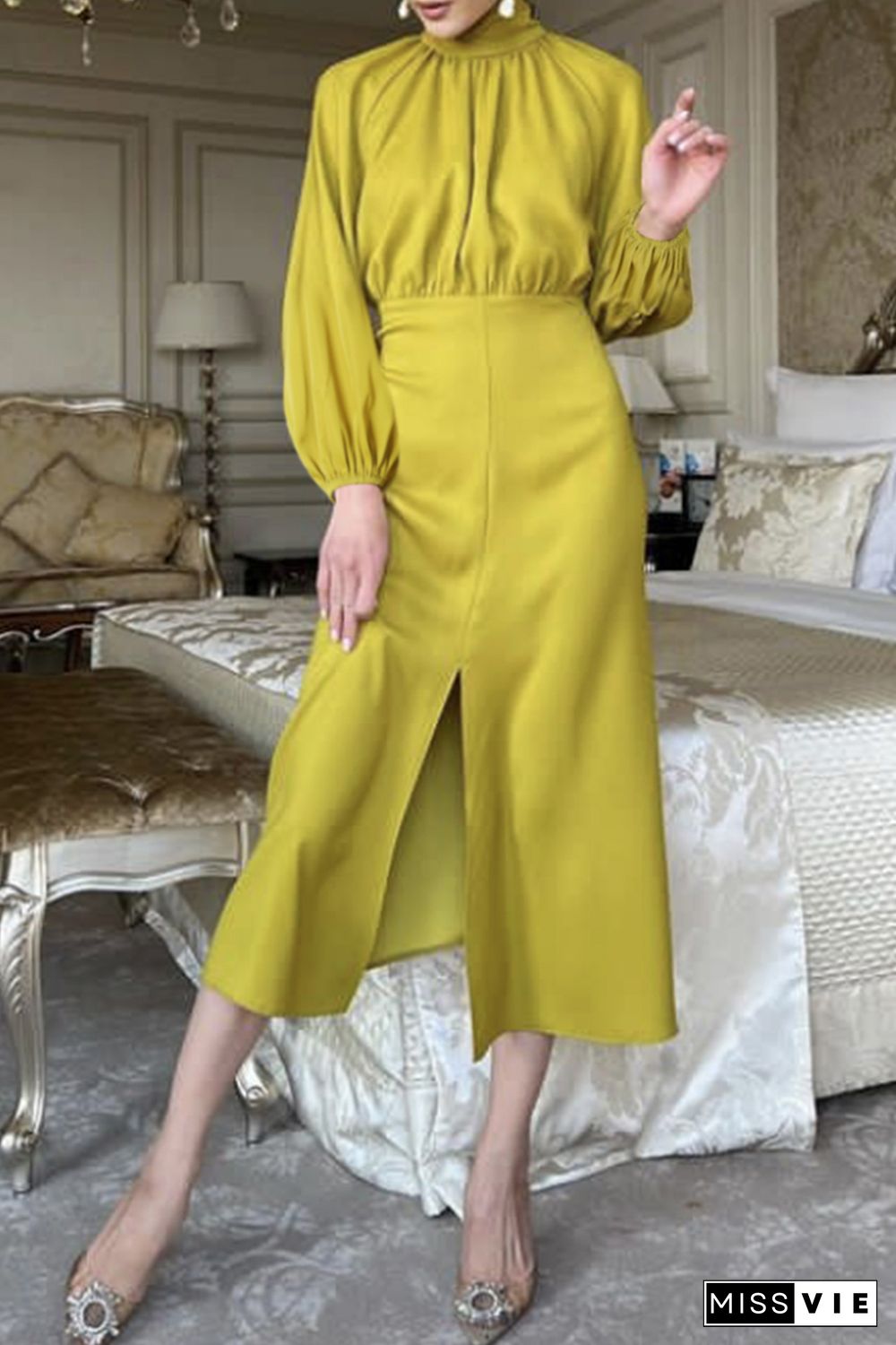 Yellow Ribbon Tie Back Long Puff Sleeve Slit Midi Dress