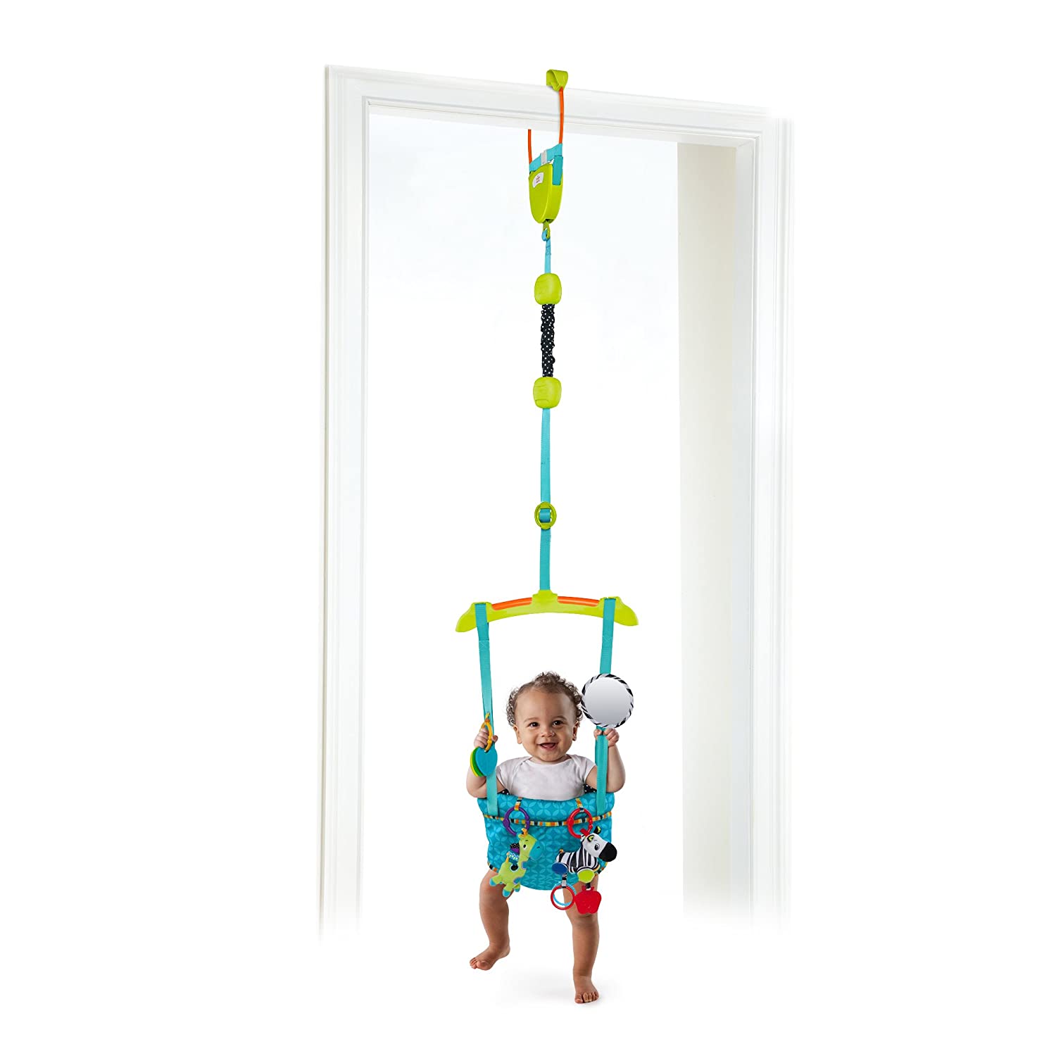 Bright Starts Bounce 'N Spring Deluxe Door Jumper with Take-Along Toys， Ages 6 months +， Blue