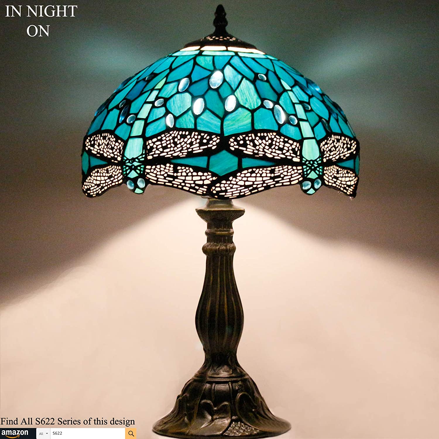  Lamp Green Blue Stained Glass Dragonfly Style Bedside Table Lamp Desk Reading Light 12X12X18 Inches Decor Bedroom Living Room Home Office S622 Series