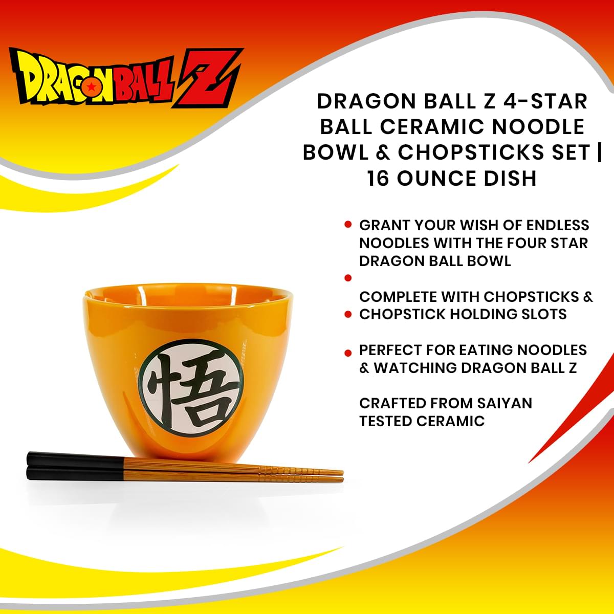 Dragon Ball Z 4-Star Ball Ceramic Noodle Bowl and Chopsticks Set | 16 Ounce Dish