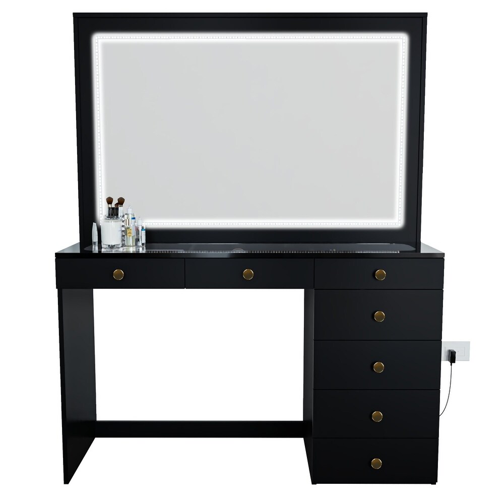 Boahaus Theia Modern Black Vanity Desk  7 Drawers