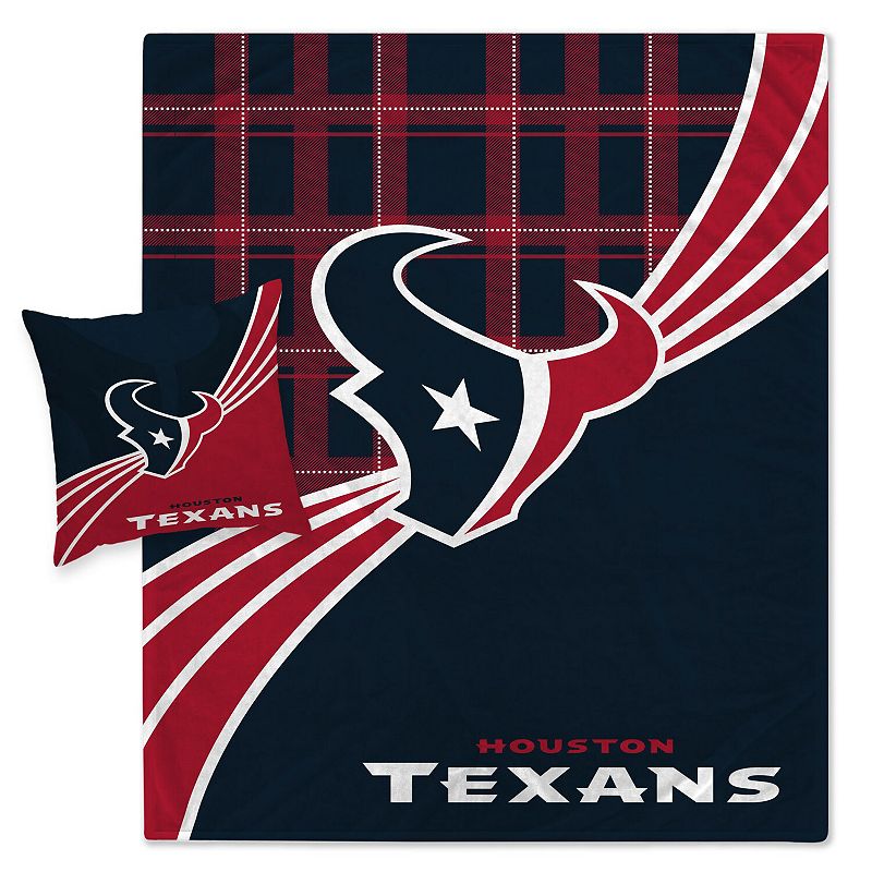 Houston Texans Plaid Wave Flannel Fleece Blanket and Pillow Combo Set