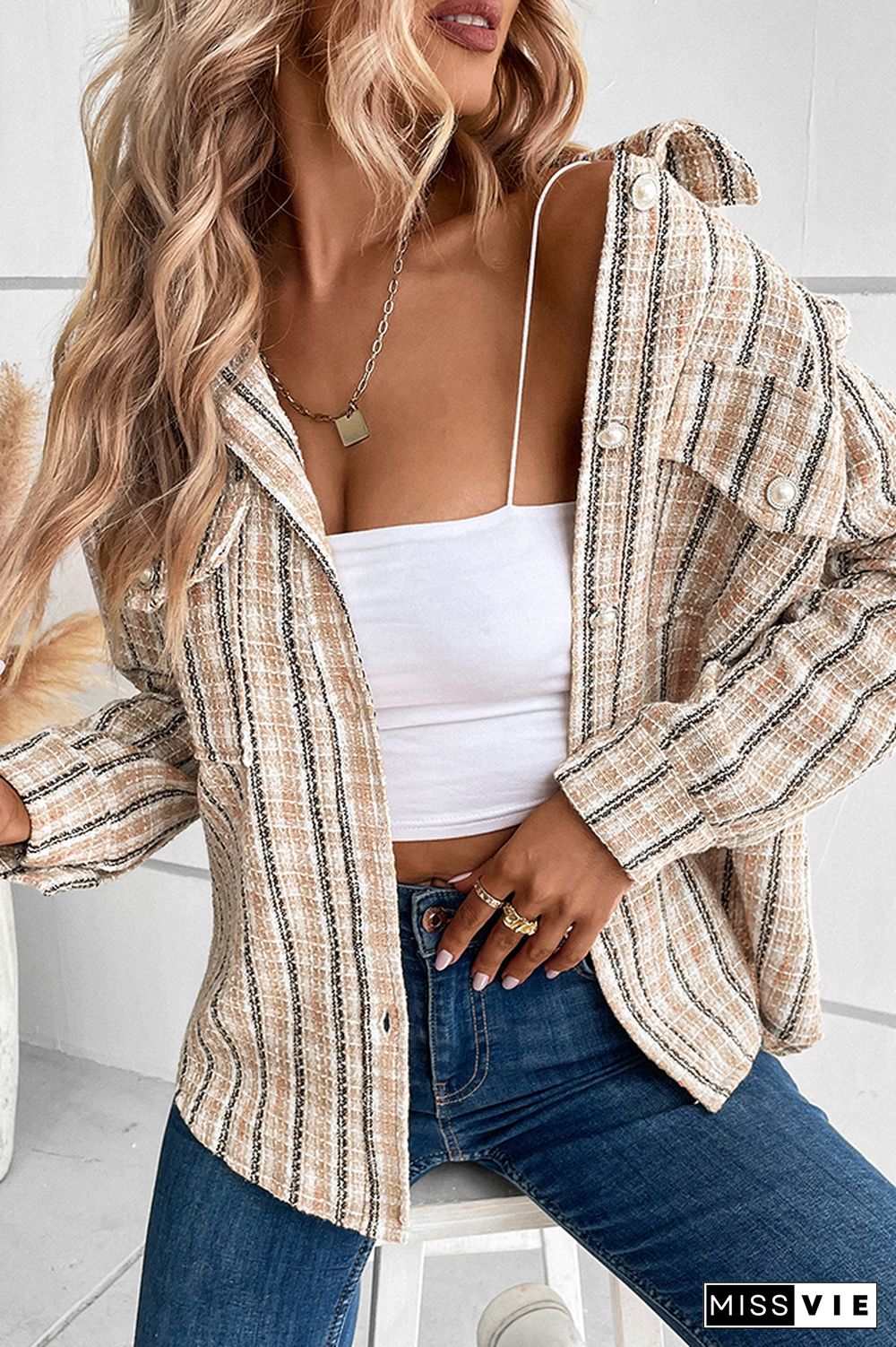 Lapel Plaid Stripes Short Jacket Coat