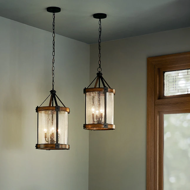 Kichler Barrington 4-Light Distressed Black and Wood Tone Rustic Seeded Glass Cylinder Pendant Light