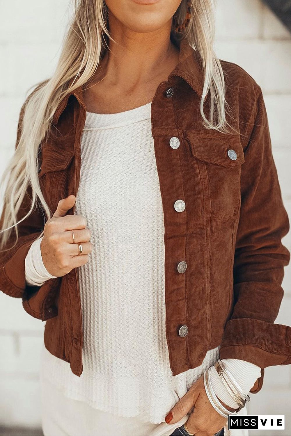 Brown Corduroy Button-Down Jacket with Pocket