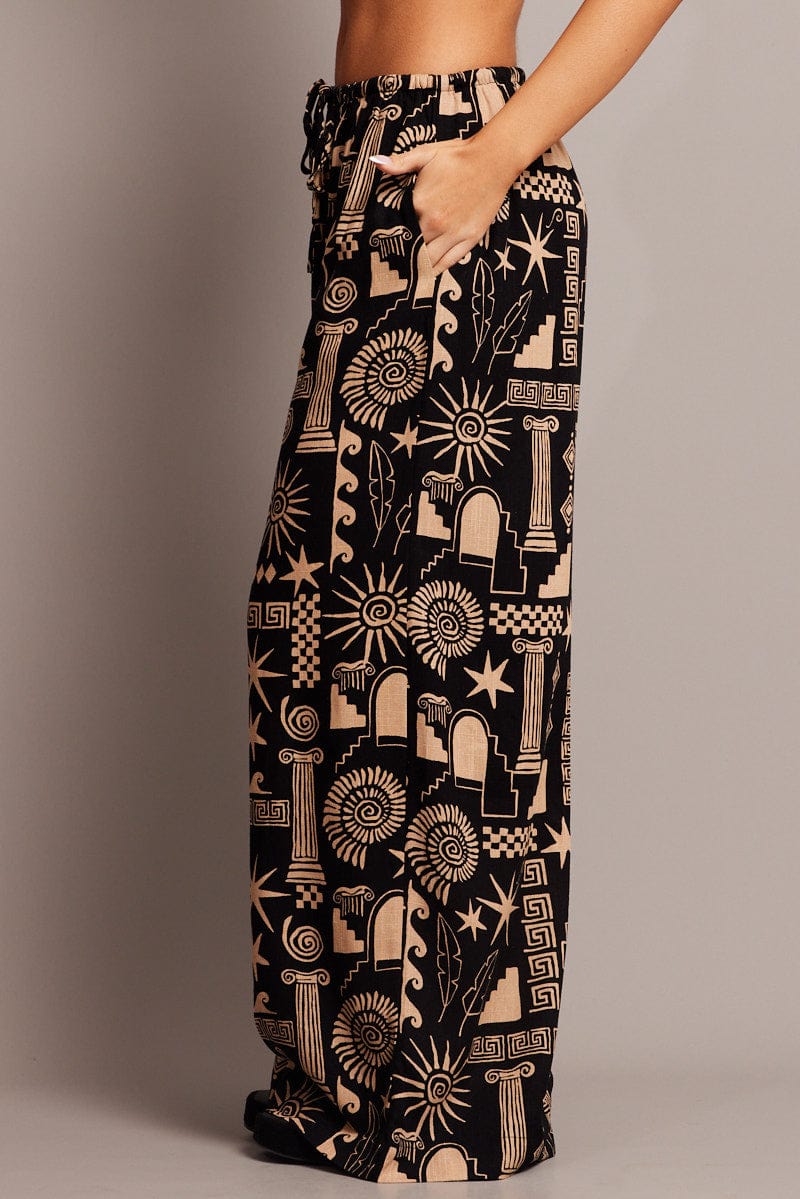 Black Abstract Wide Leg Pants High Rise