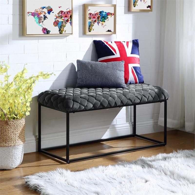 Joaquin Rectangular Bench Cream White Velvet  Upholstered Hand Woven   Industrial   Upholstered Benches   by Homesquare  Houzz