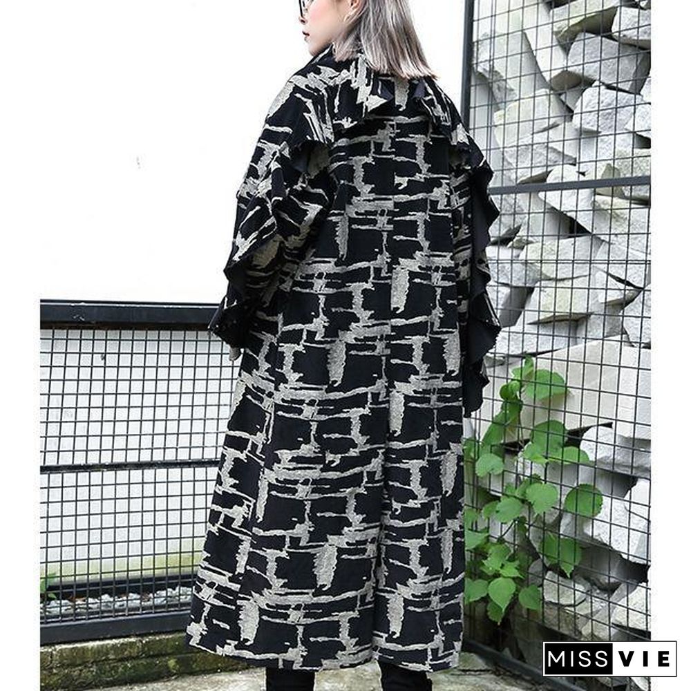 2019 black print Coat plus size lapel patchwork Coat Fine asymmetrical design coat