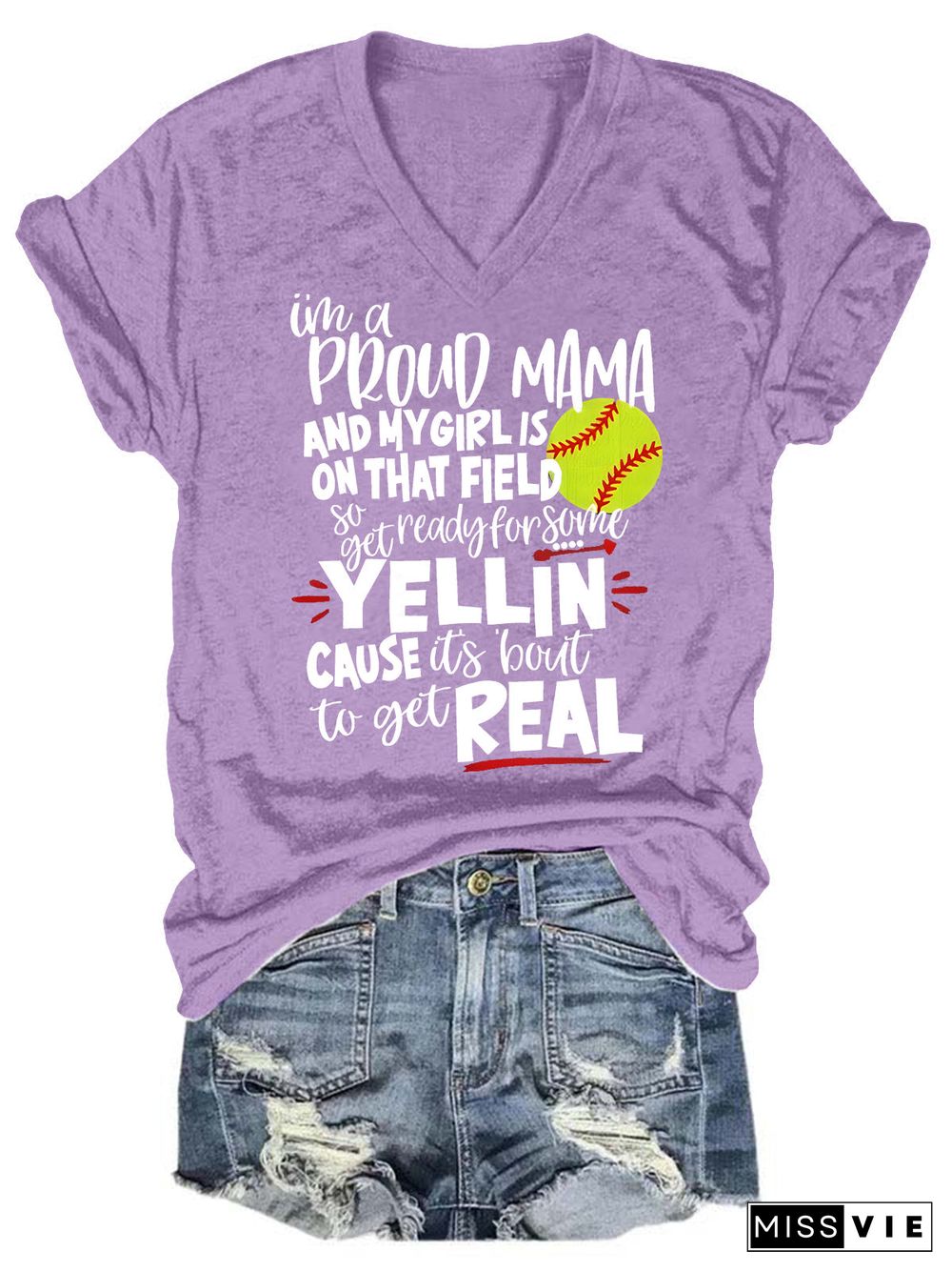 Proud Softball Mama V Neck T-Shirt