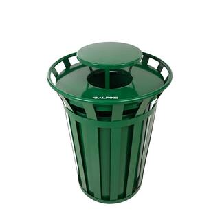 Alpine Industries 38 Gal. Green Outdoor Metal Slatted Commercial Trash Receptacle with Rain Bonnet Lid Trash Can 479-38-1-GRN-MKTCOPY