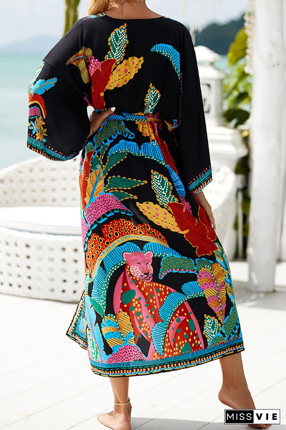 Colorblock Printing Beach Cover Up Kimono