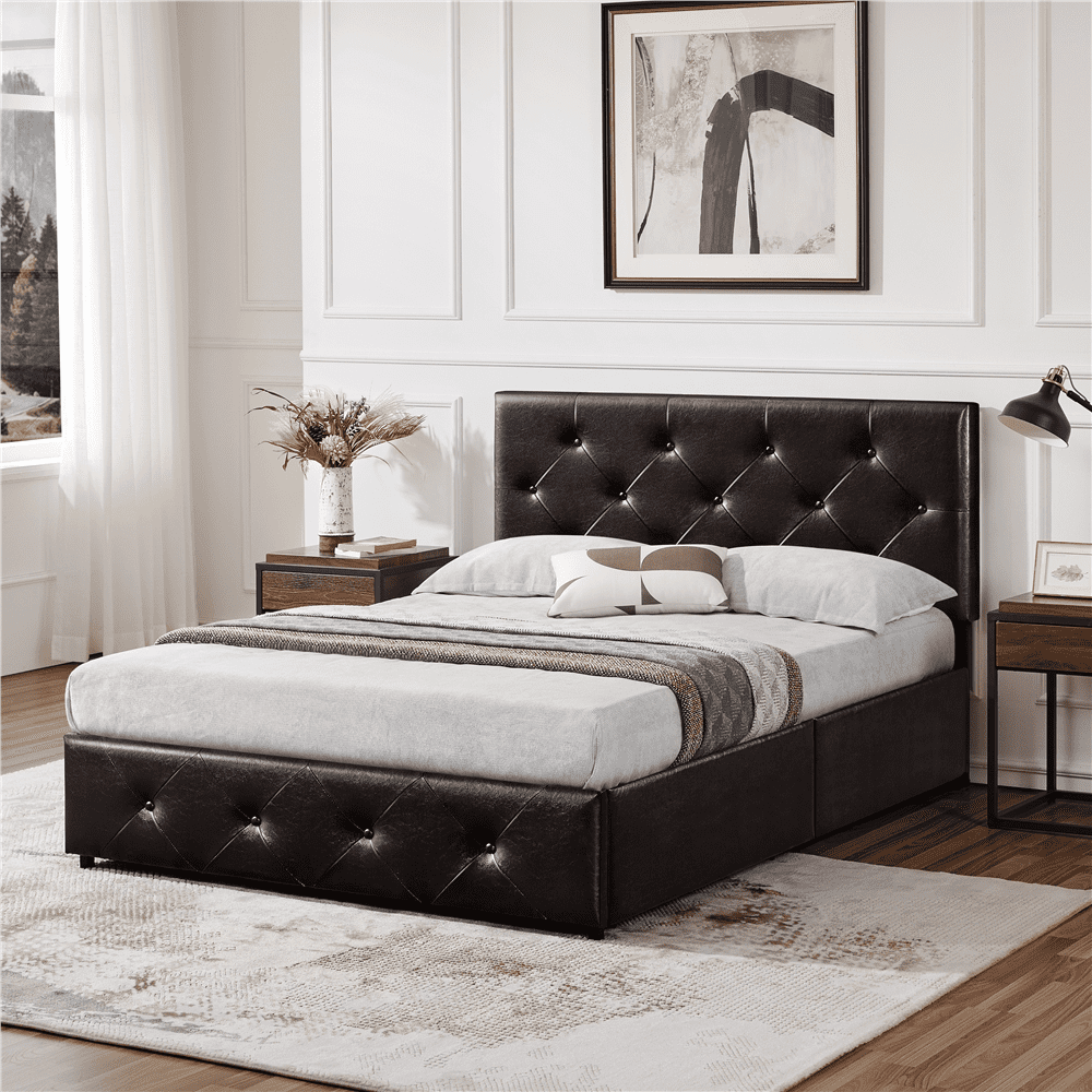 Easyfashion Upholstered Platform Bed with Storage, Brown, Full