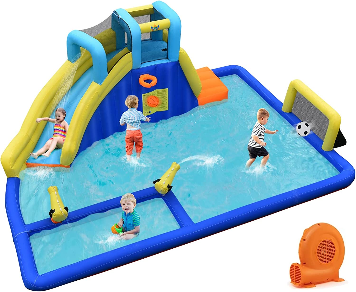 BOUNTECH Inflatable Water Park | 6-in-1 Bounce Pool Slide w/ Curved Slide