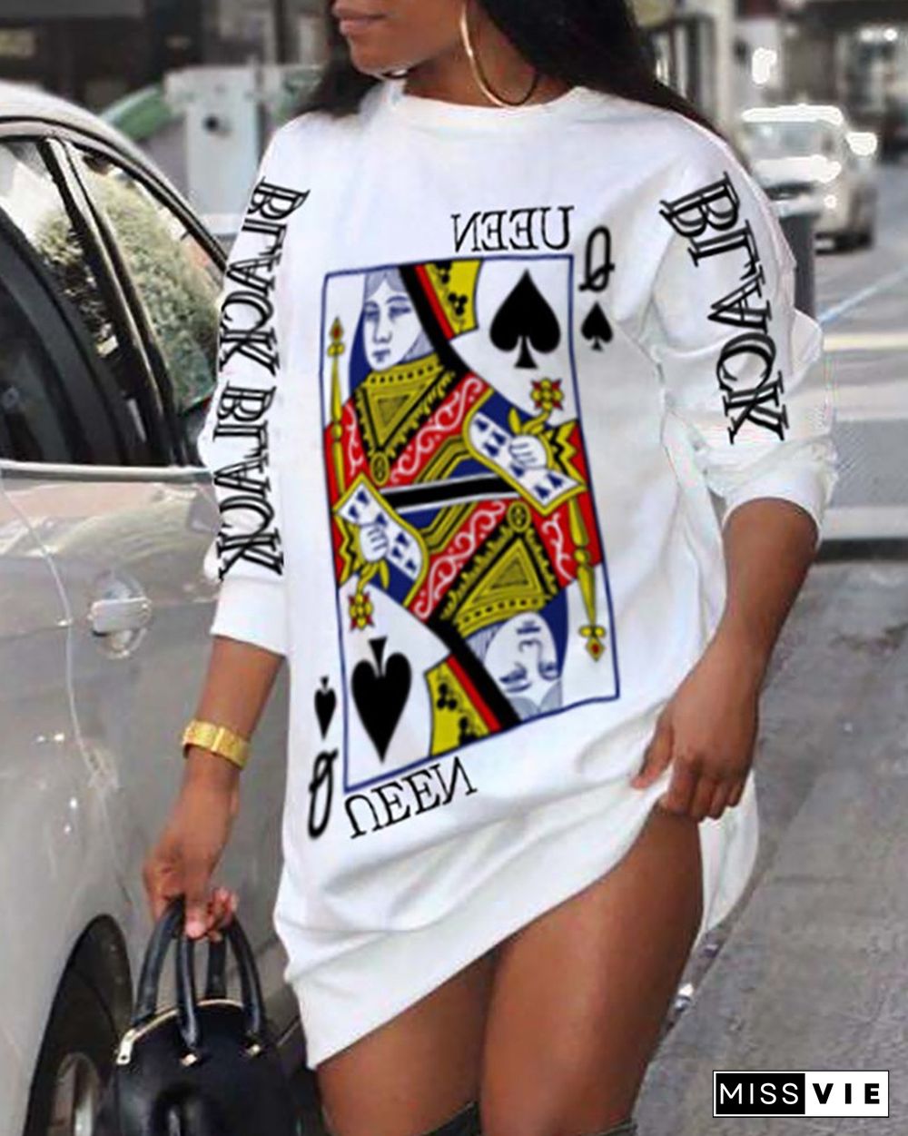 Poker Letter Print Long Sleeve Casual Dress