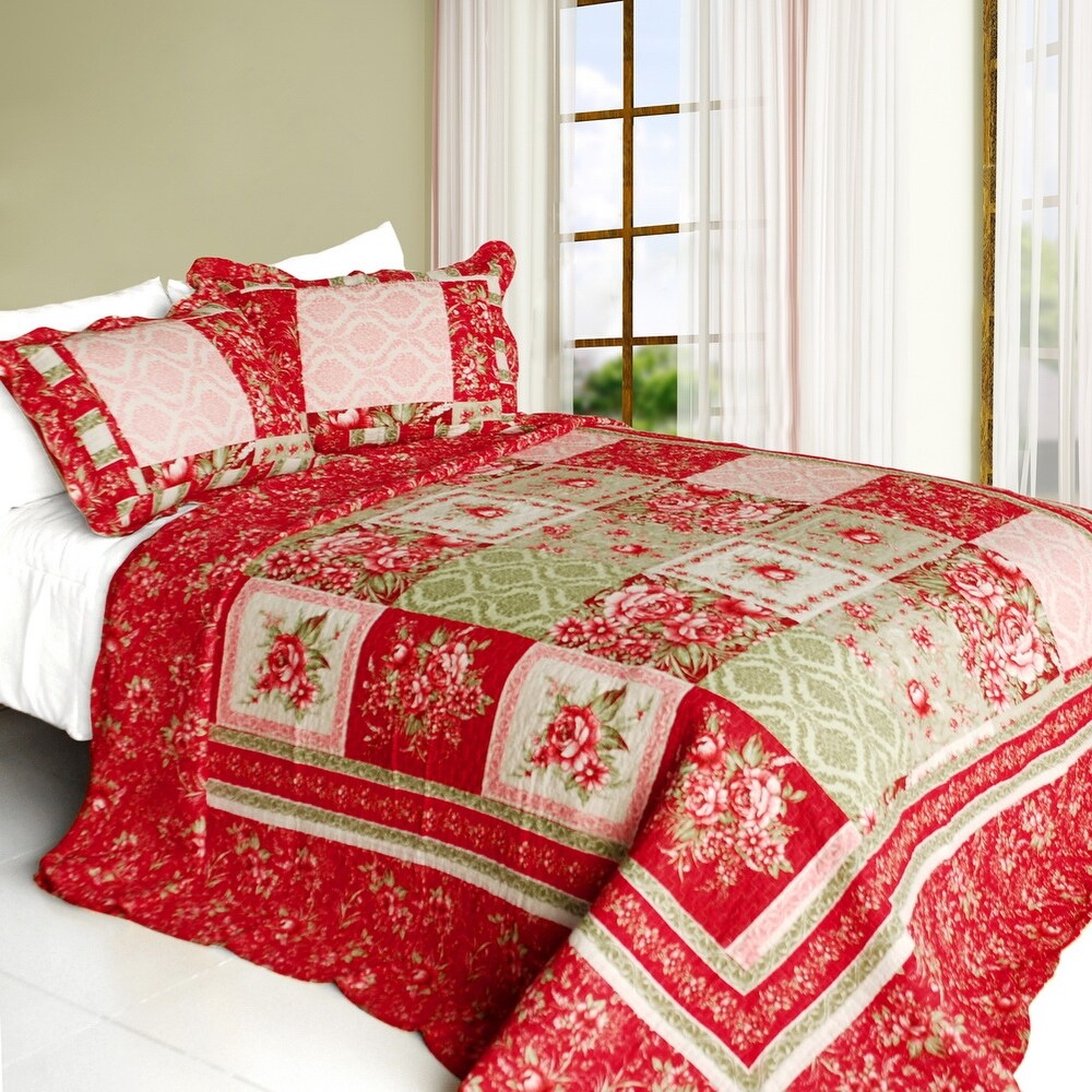 Chinese Wedding Cotton 3PC Vermicelli Quilted Striped Printed Quilt Set (Full/Queen Size)