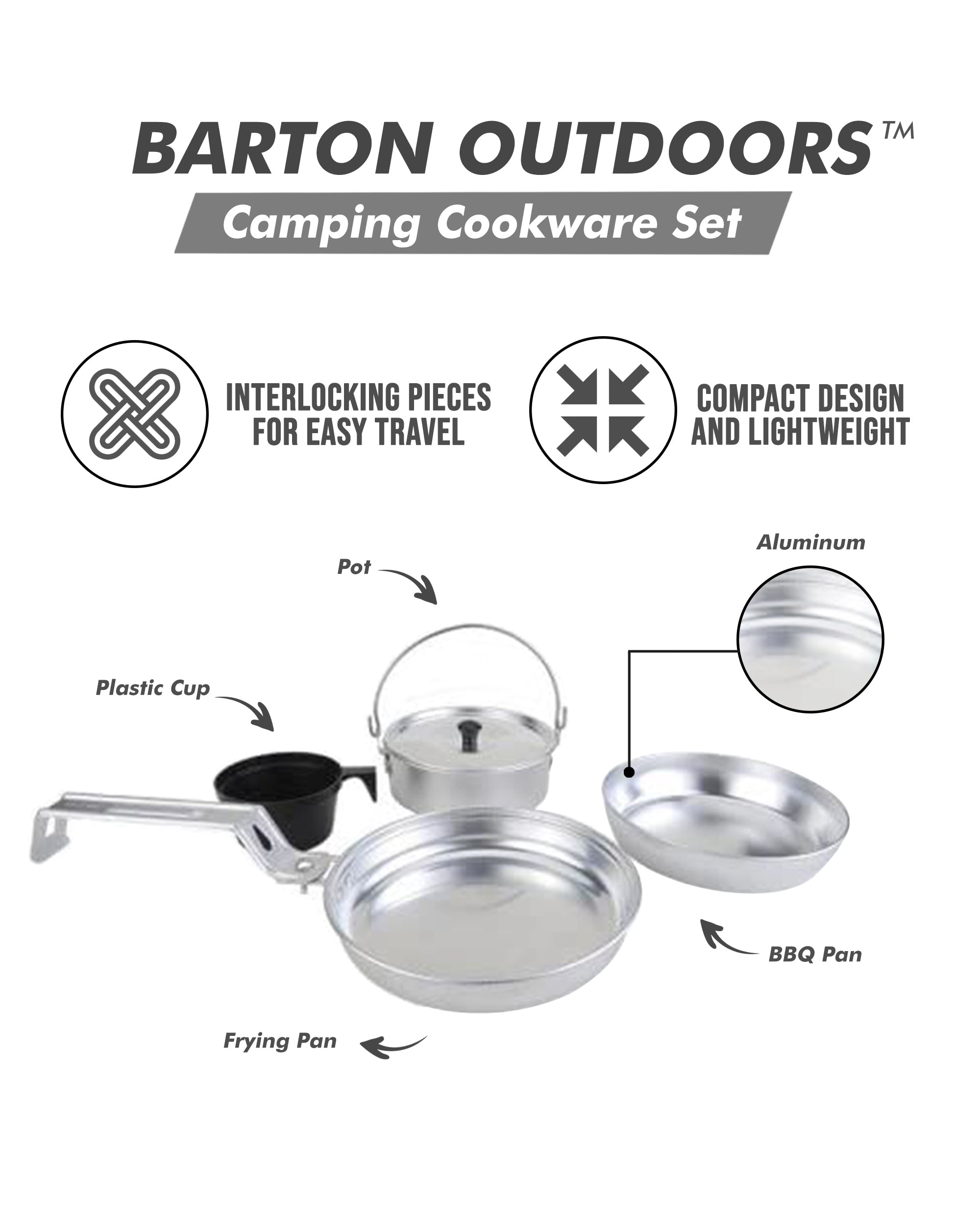 Barton Outdoors™ Camping Cookware - Set of 4 - Aluminum - Interlocking Pieces for Easy Travel - Including Frying Pan, BBQ Pan, Pot, and Plastic Cup