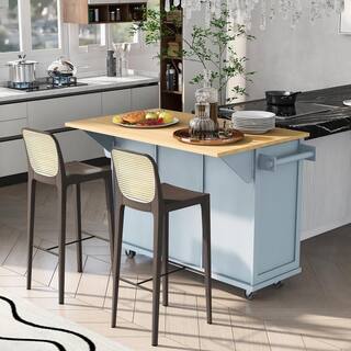 Zeus  Ruta Blue Rubber wood 53 in. Kitchen Island Drop-Leaf Countertop Cabinet door internal storage racks 5-Wheels 3-Drawers XIN-UTPEZB2