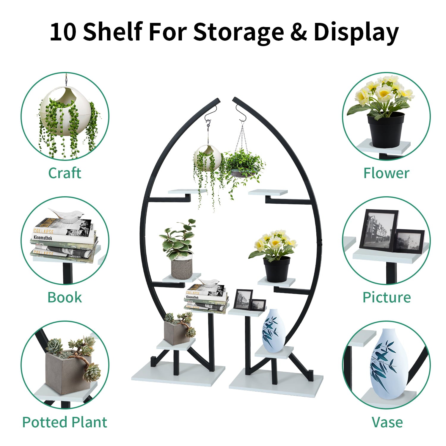 ELECWISH Large Plant Stand Indoor Plant Shelf Stand Half Moon Plant Stands Multi-Purpose Curved Metal Display Rack for Living Room, Garden, Patio(Black White 2 Pack)