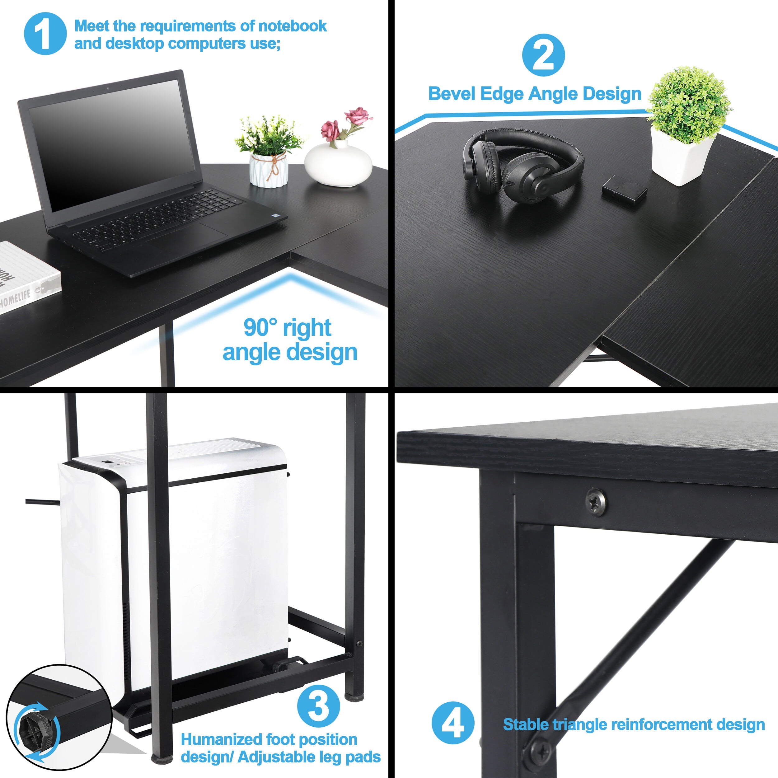 HomGarden L-Shaped 66” Reversible Computer Desk W/ CPU Stand, Home Gaming Desk Black