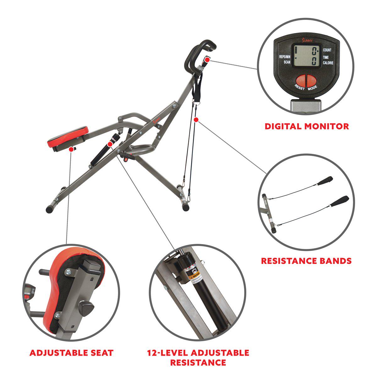 Sunny Health and Fitness Row-N-Ride PRO Squat Assist Trainer for Full Glute， Thigh， and Leg Workouts， SF-A020052