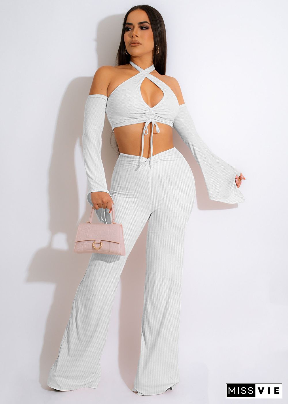 Ribbed Off Shoulder Halter Crop Top Wide Leg Pants Set