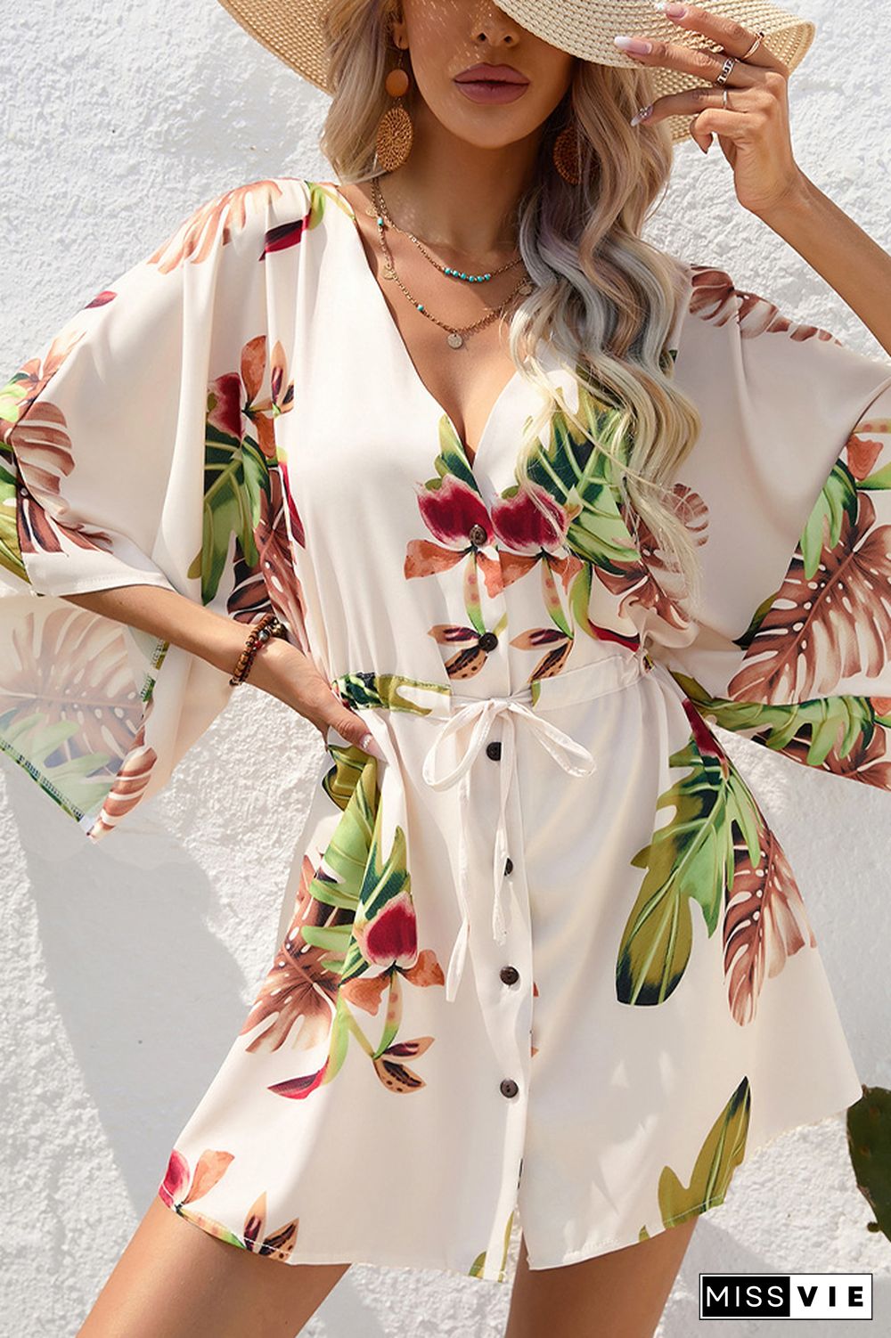 Open Button V Neck Drawstring Flare Sleeves Floral Dress