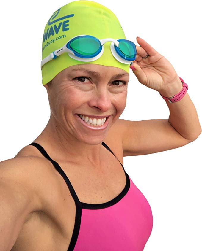 Swim Goggles by New Wave Swim Buoy {Blue Ice = Blue Lens in White Frame} Anti Fog Lenses, Silicone In-Socket Eye Cups, Four Interchangeable Nose Bridges and Adjustable Strap for Triathlon