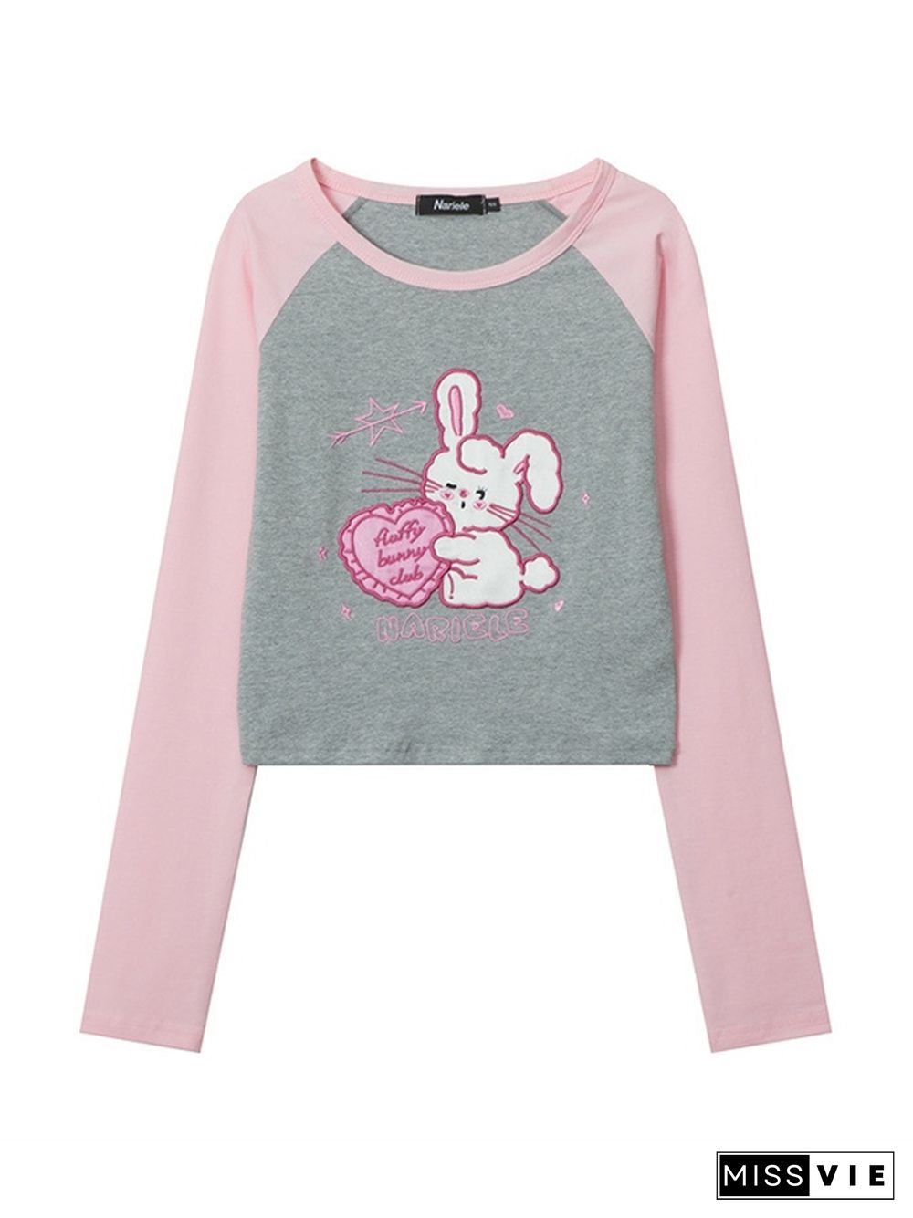 Cute Rabbit Embroidery Raglan Long Sleeve Tee