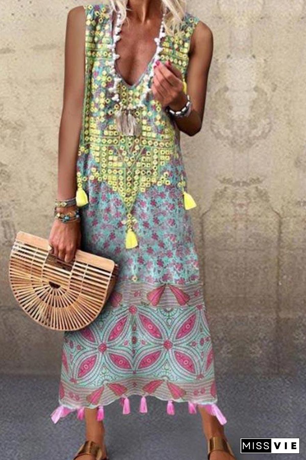 Bohemian Floral Print Sleeveless Tassel Holiday Maxi Dress