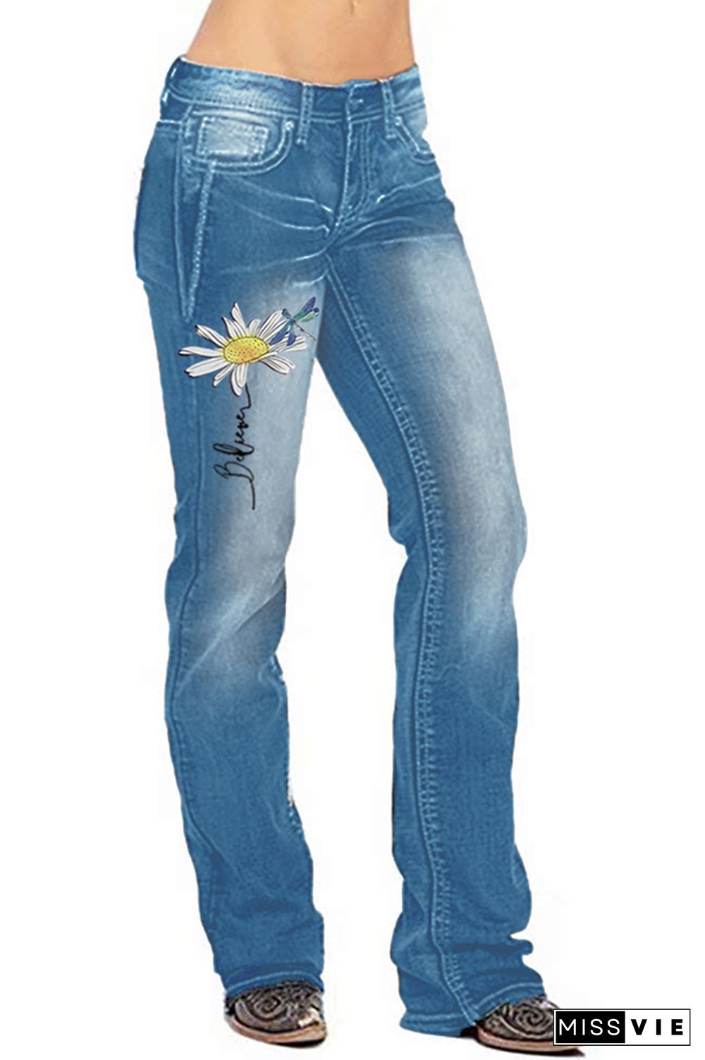 Dragonfly & Flower Print Straight Wash Jeans Pants