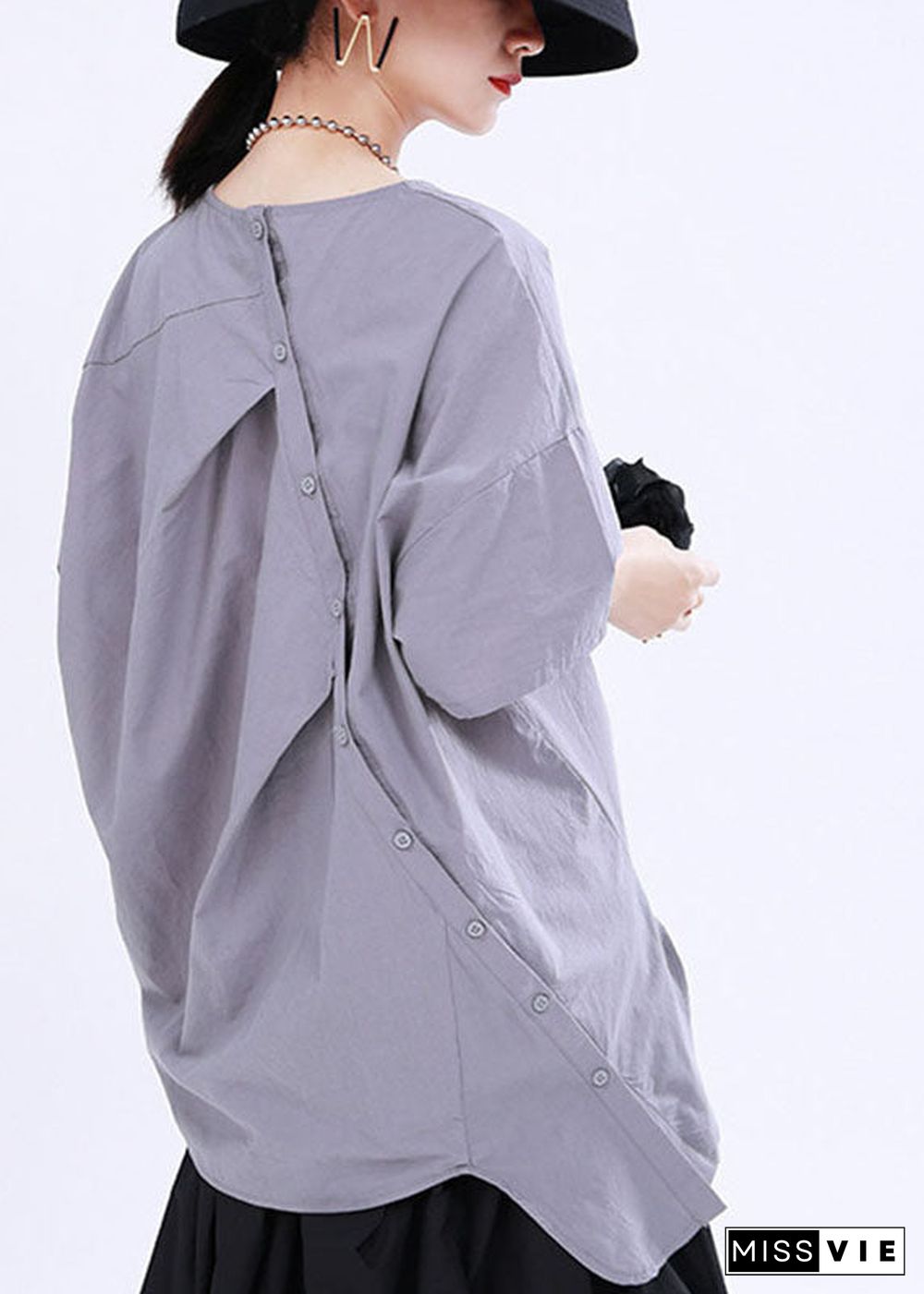 French Grey asymmetrical design Button Patchwork Fall Shirt Half Sleeve