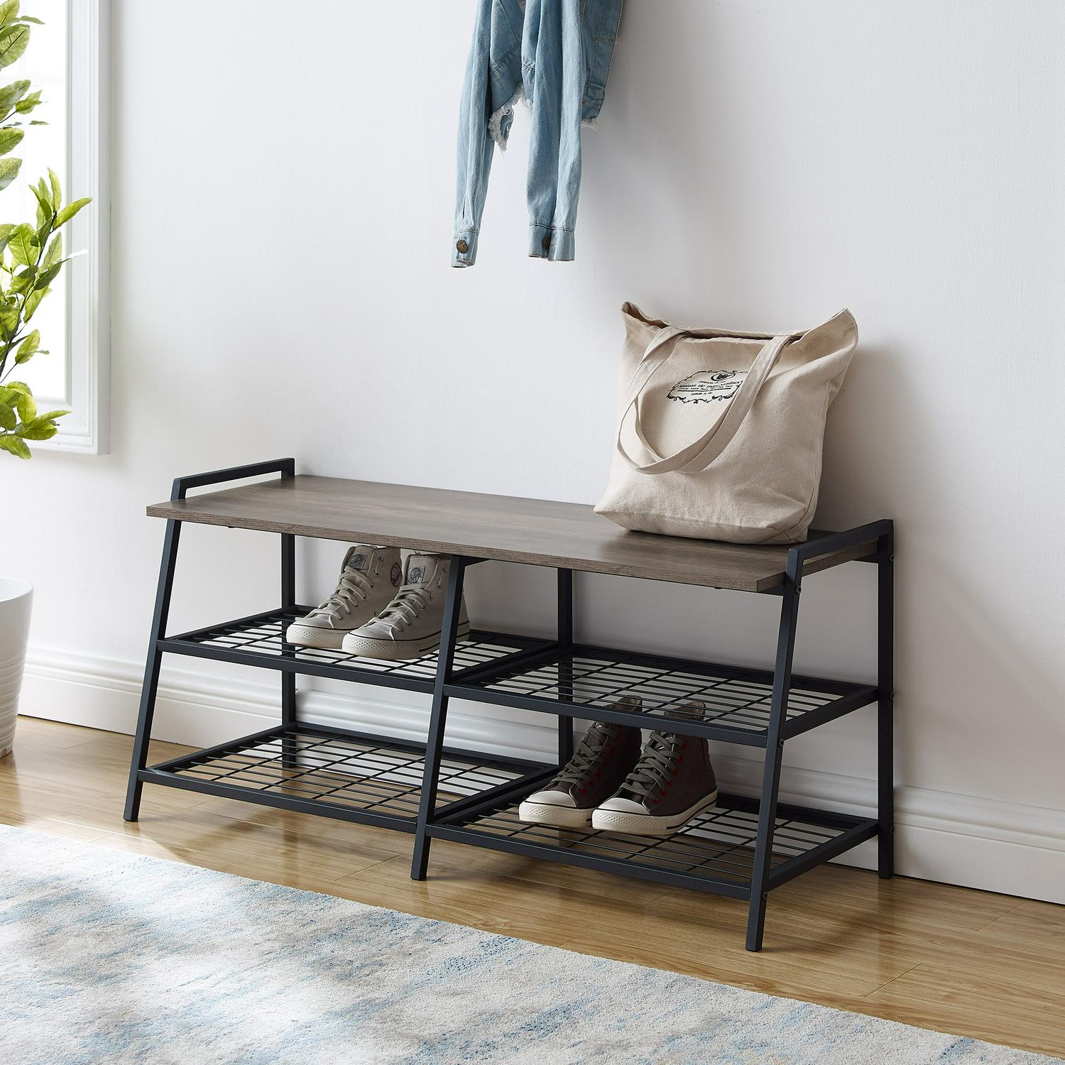 Manor Park 3-Tier Durable Shoe Rack， Metal， MDF and Wood， Gray