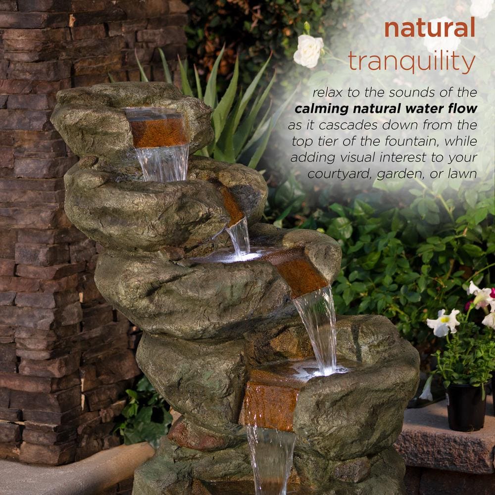 Alpine Corporation 48 in. Tall Outdoor Multi-Tier Pristine Waterfall Fountain with LED Lights TZL106