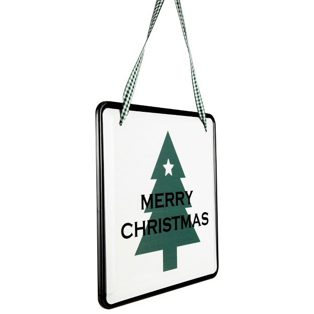 Merry Christmas Metal Wall Sign With Green Check Ribbon