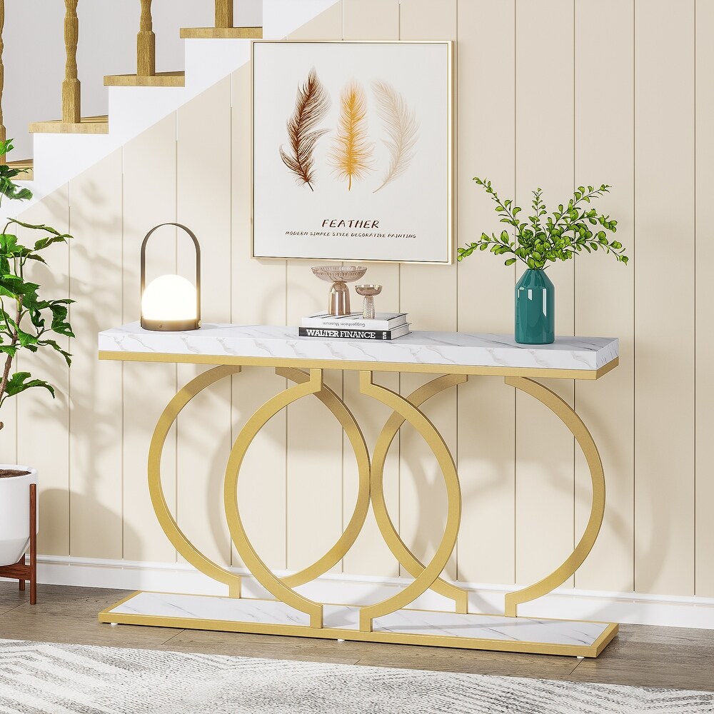 55 inch Gold Console Table  Faux Marble Entryway Table Narrow Long Sofa Table  Modern Accent Table for Living Room