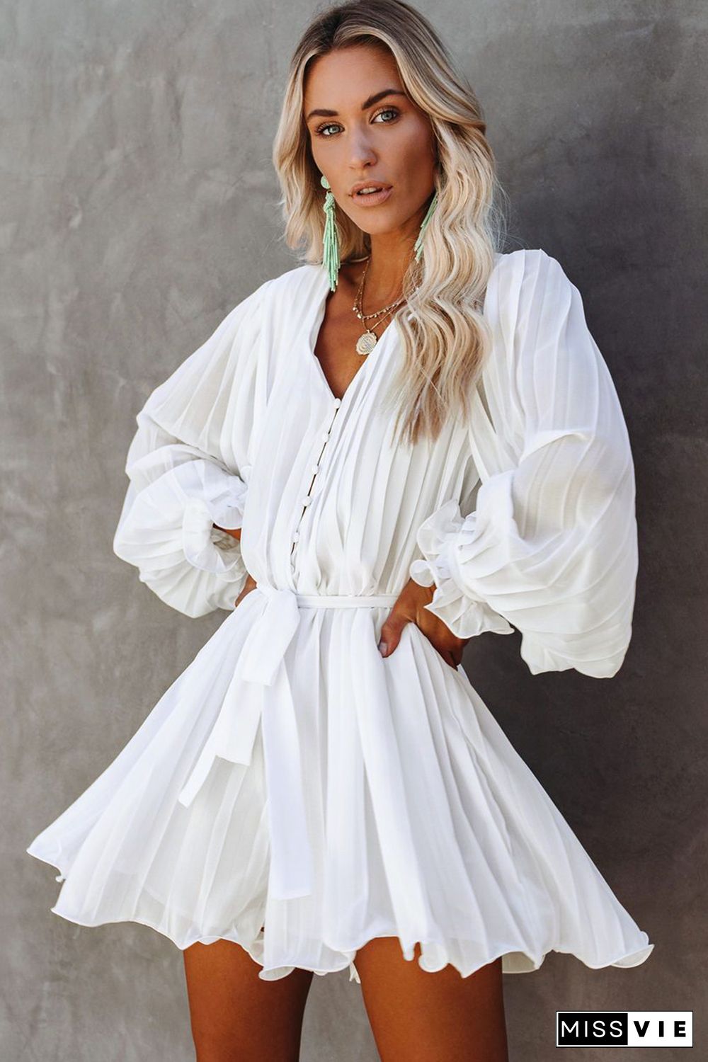 White Pleated Ruffled Tie Waist Buttons V Neck Romper