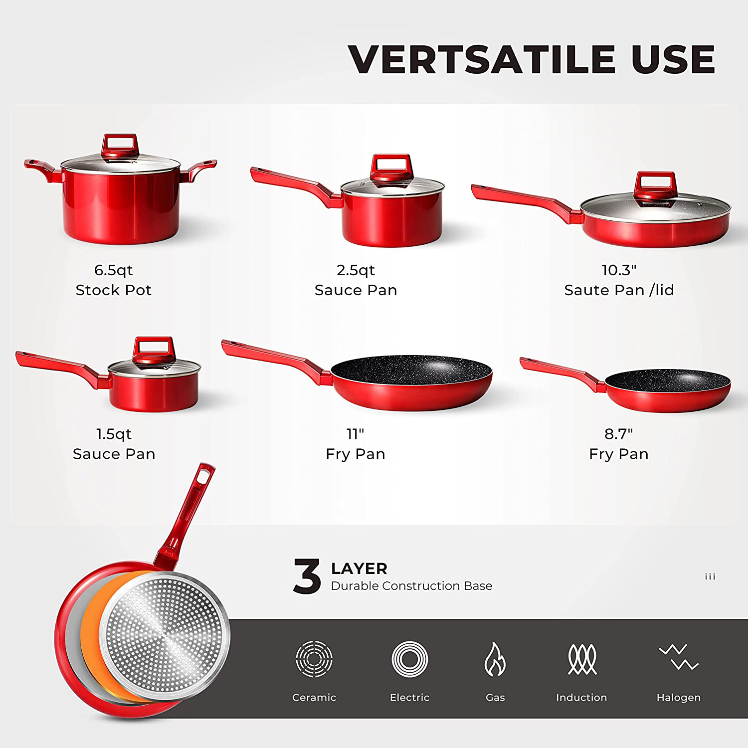 10 Pcs Pots and Pans Sets, Nonstick Cookware Set, Induction Pan Set, Chemical-Free Kitchen Sets, Saucepan, Saute Pan with Lid, Frying Pan, Red