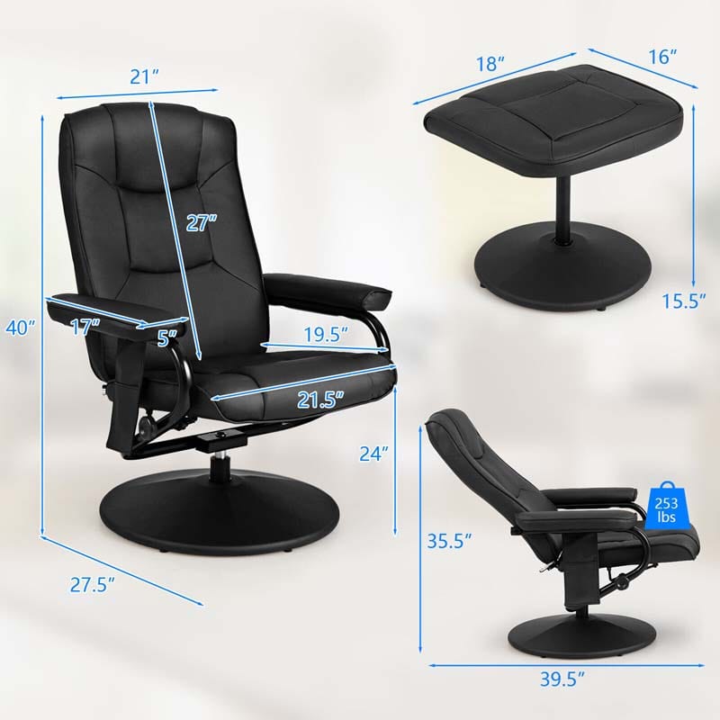 360° Swivel Massage Recliner Chair with Ottoman, Faux Leather Lounge Armchair for Living Room Bedroom Office