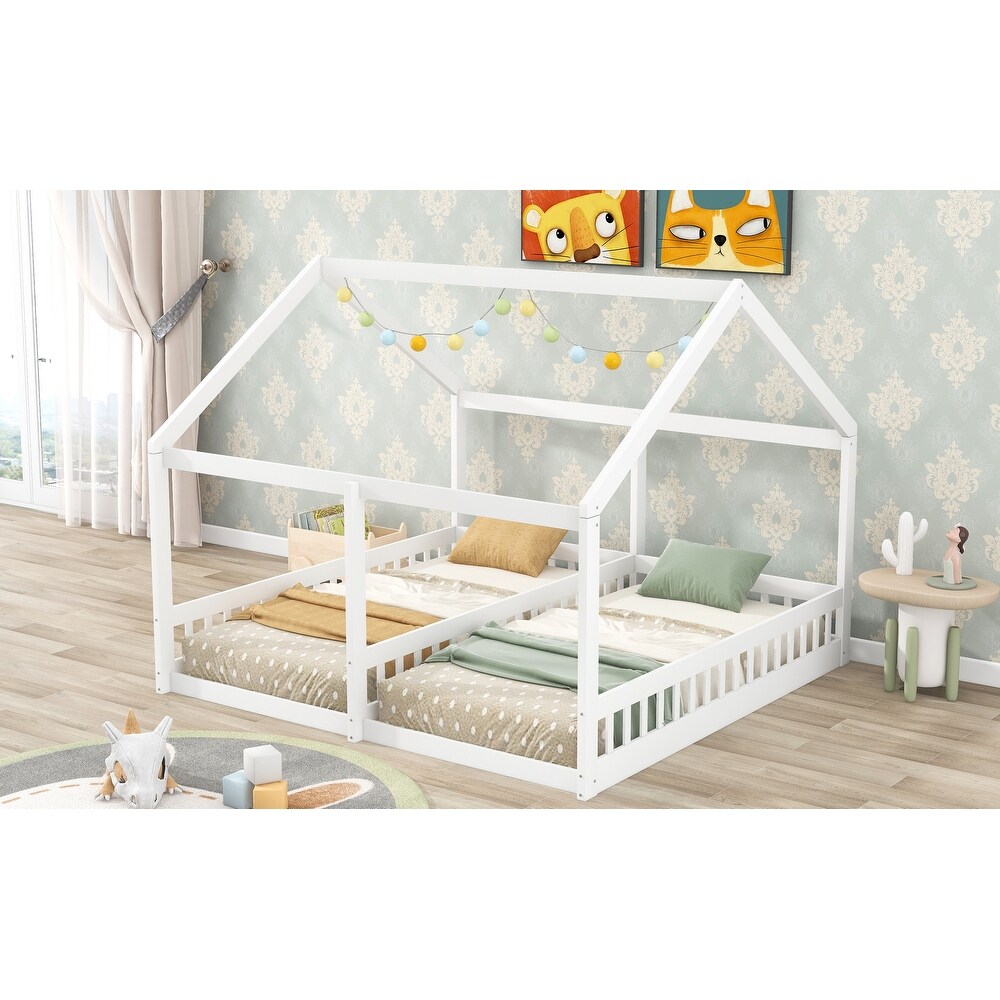 Pine Wood House Platform Beds  Two Shared Beds for Kids  Solid Wood Slats Support  Cozy Bedroom Furniture  Twin Size