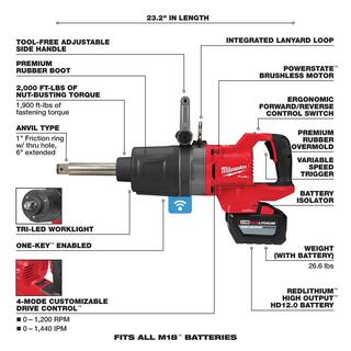 MW M18 FUEL 18V Lithium-Ion Brushless Cordless 1 in. Impact Wrench Extended Reach D-Handle Kit wTwo 12.0 Ah Batteries 2869-22HD