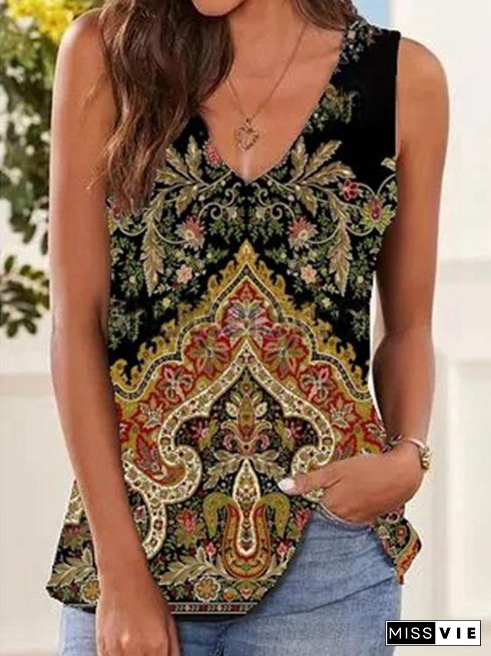 Women's Sleeveless V-neck Floral Printed Tops T-shirts