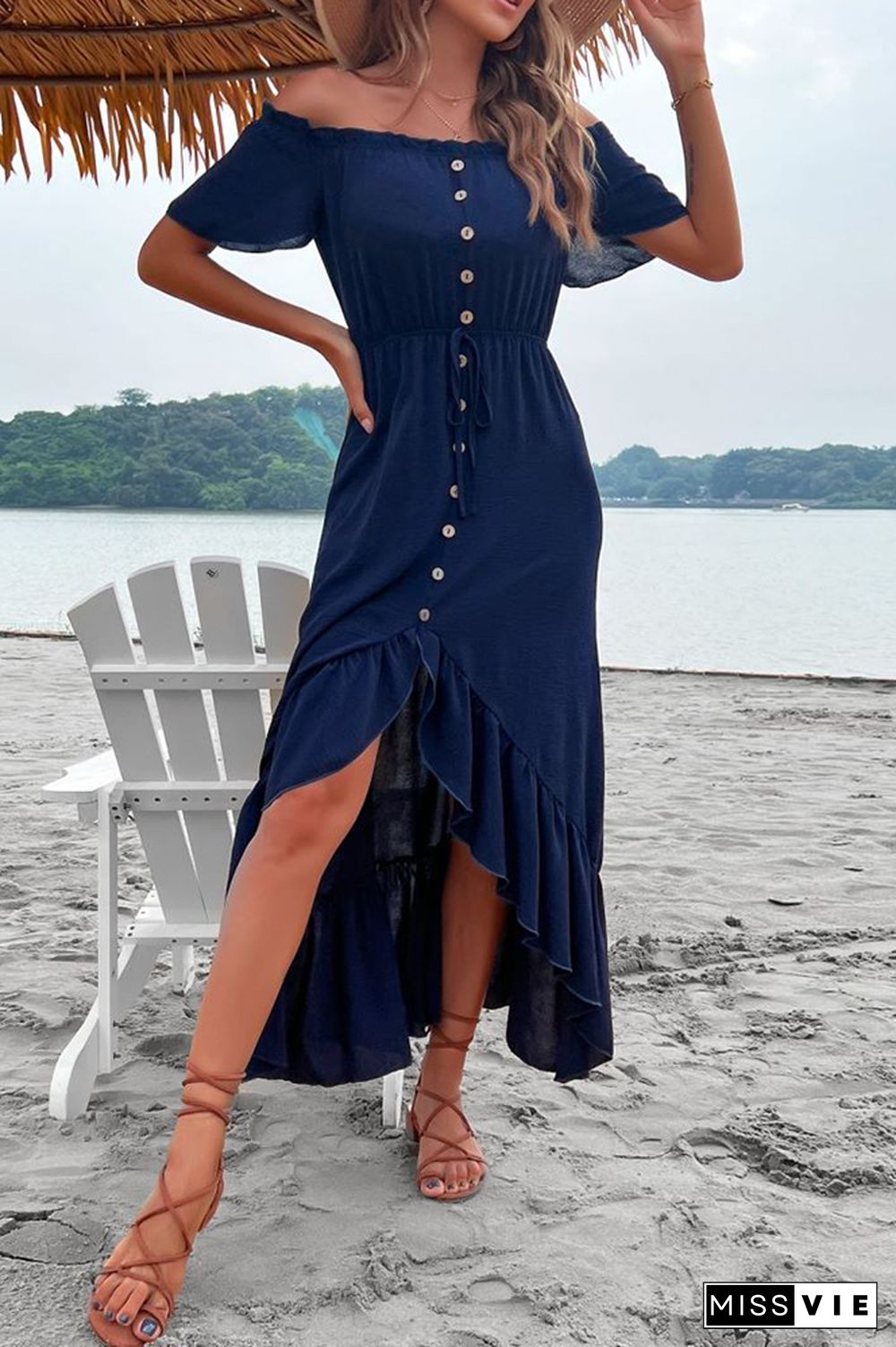 Navy Off Shoulder Button Down Drawstring High Low Ruffle Maxi Dress