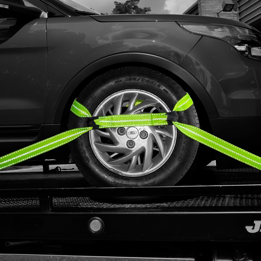 VULCAN 8-Point Vehicle Tie Down Kit with Chain Tails on Both Ends - Set of 4 - Reflective High-Viz