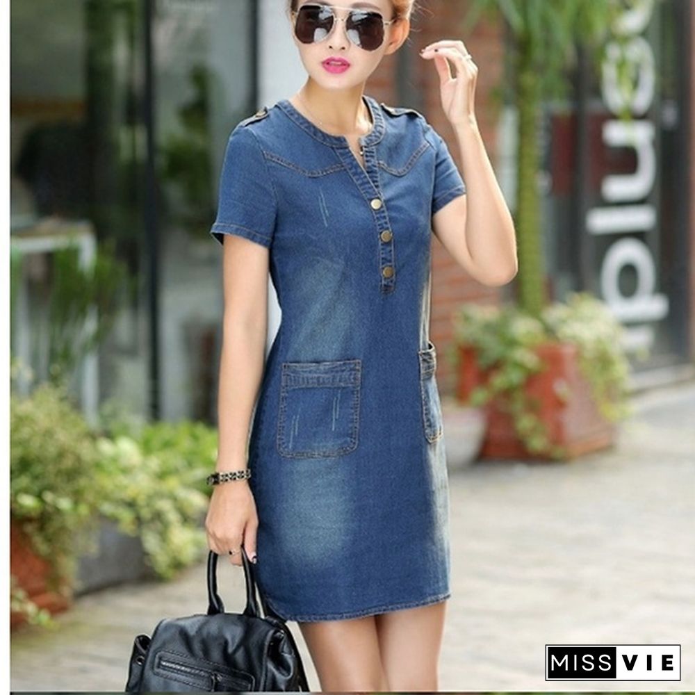 Plus Size Denim Dress Women Short Sleeve Dress Spring Vintage Vestidos Robe Casual Slim V-neck Office Shirt Jeans Dress