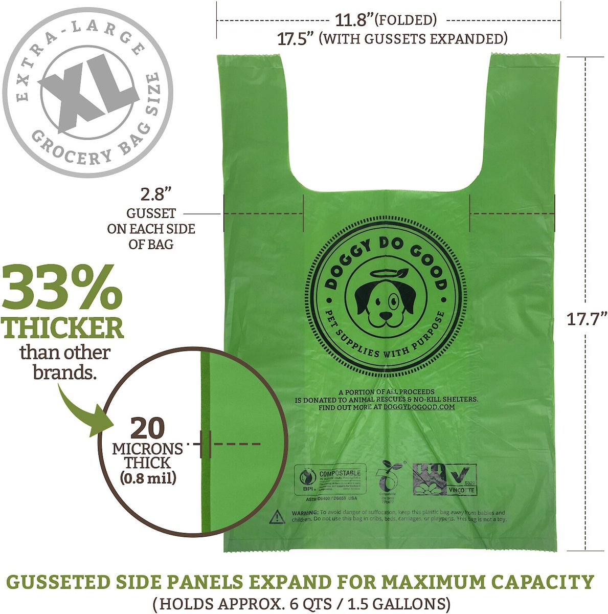 Doggy Do Good Certified Compostable XL Premium Dog and Cat Waste Bags - Handle Bags On A Roll