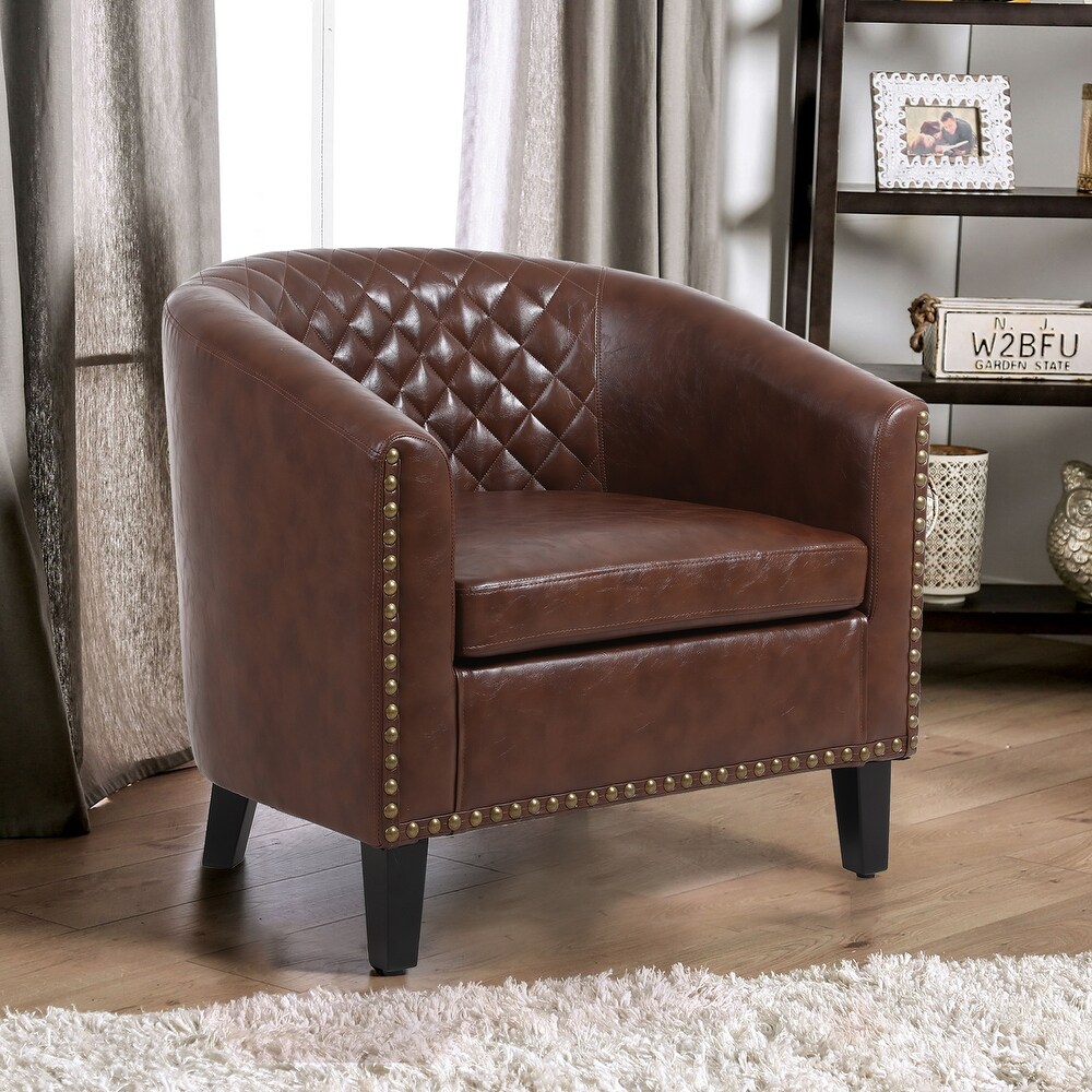 Accent Barrel Sofa Chair Pu Leather Chair with Nailheads and Solid Wood Legs Brown  for Living Room